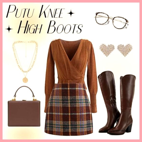 Faux Leather Knee High Boots with Pointed Toe and Chunky Heel - Picture 6 of 7